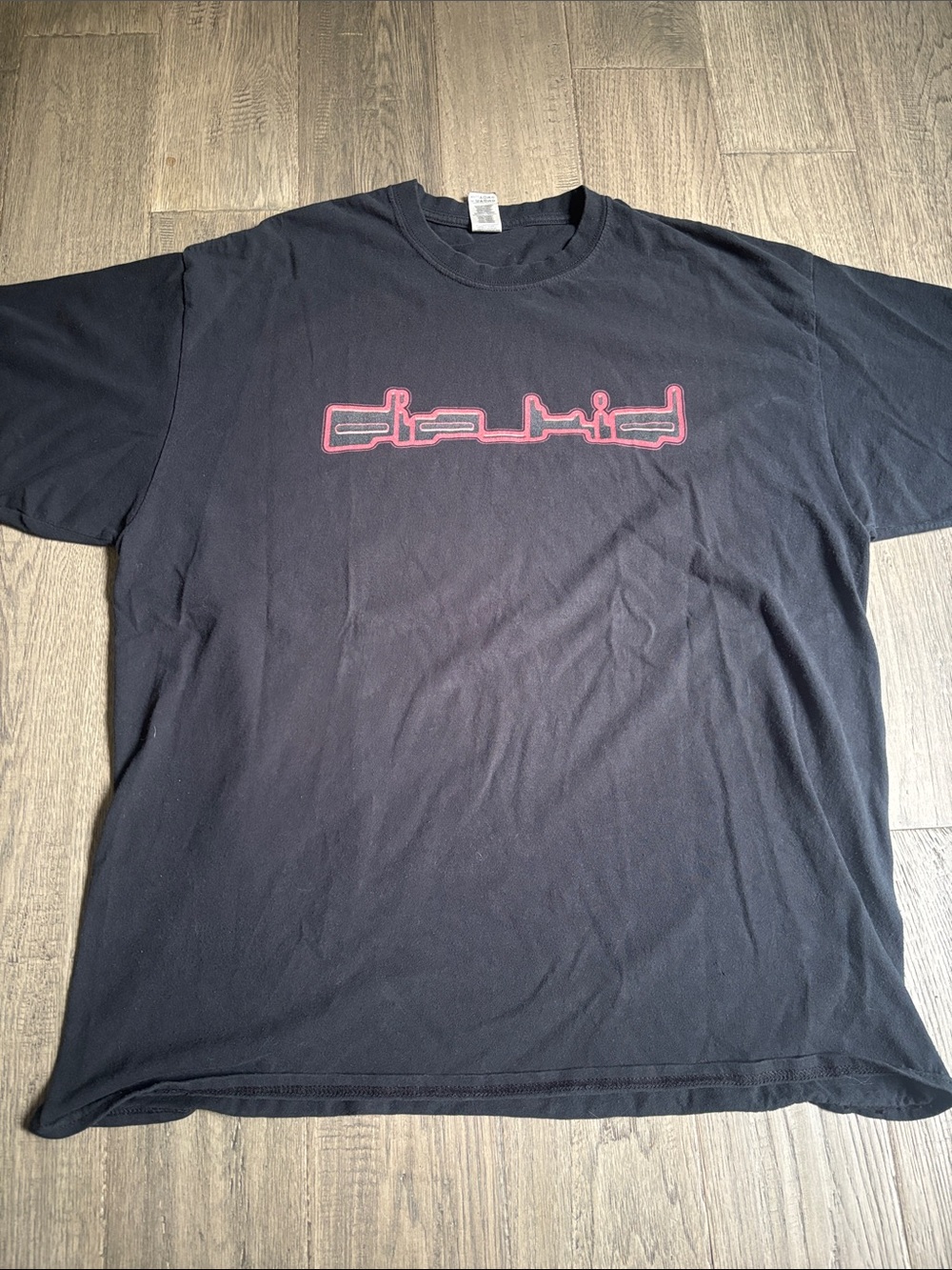 Gildan |Vintage Black Short Sleeve Tee with Red Script Logo Heavy Cotton Size XL